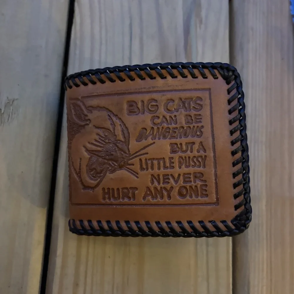 Handmade Leather Wallet Big Cats Can Be Dangerous Whipstitch Bi Fold USA Made